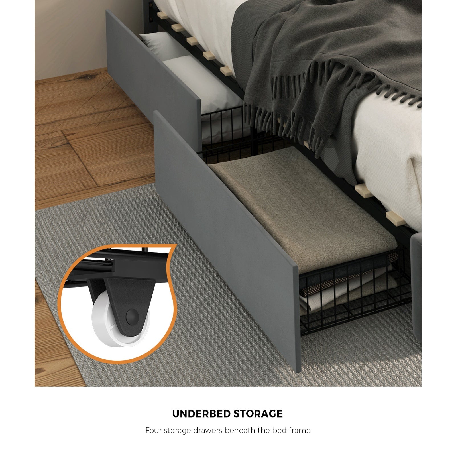 Oikiture LED Bed Frame Queen Size with 4 Drawers Adjustable Headboard Velvet - Sunyee