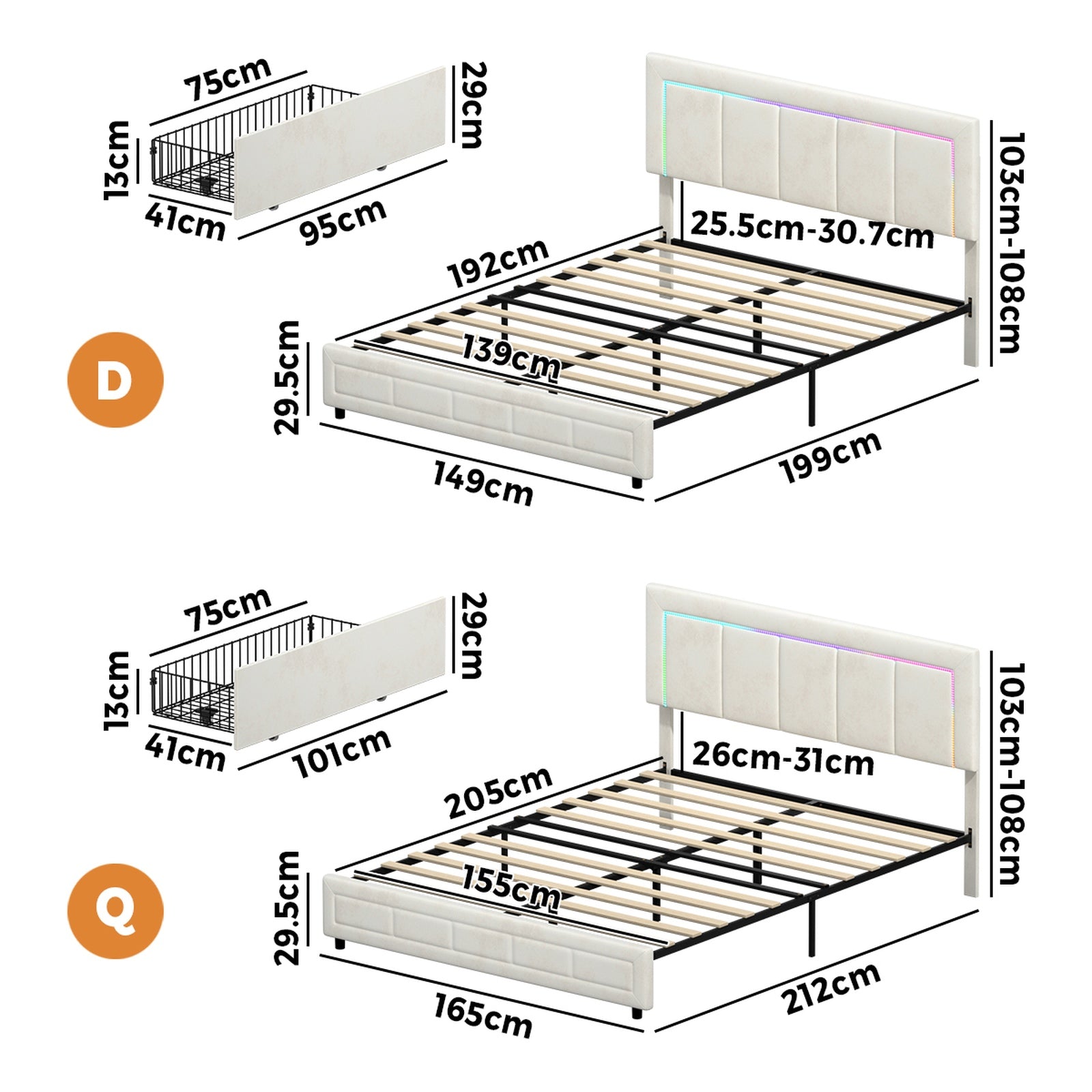 Oikiture LED Bed Frame Queen Double with 4 Drawers Adjustable Headboard Beige - Sunyee