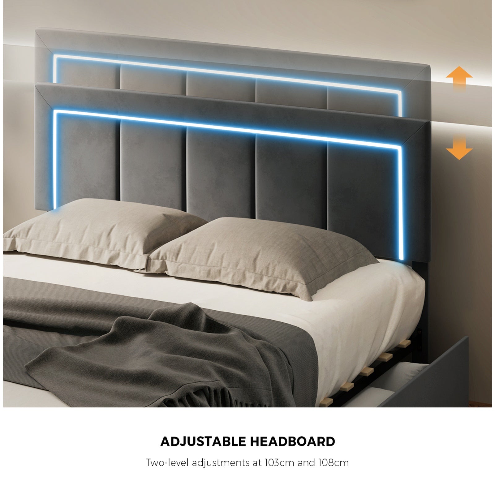 Oikiture LED Bed Frame Queen Double Size with 4 Drawers Adjustable Headboard - Sunyee