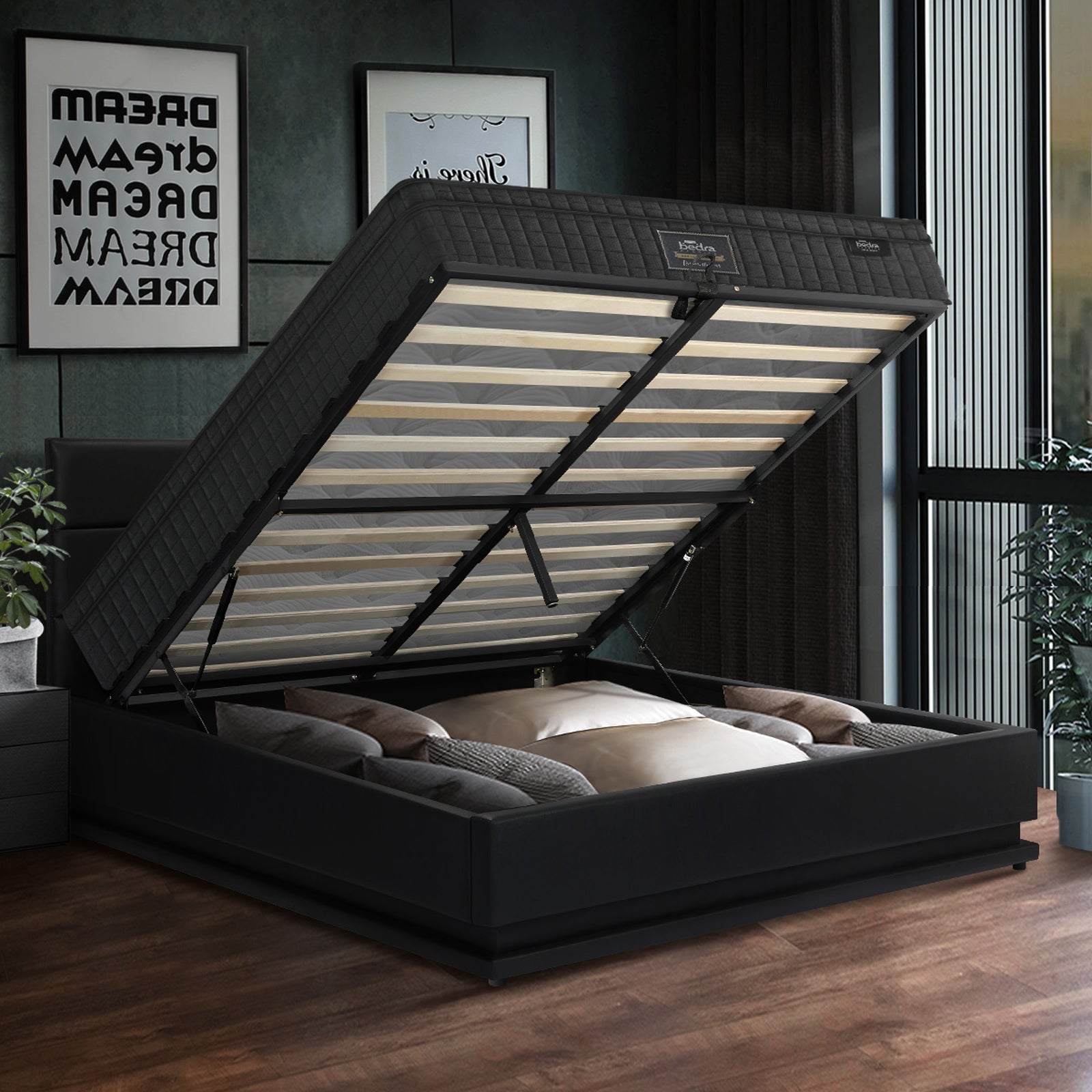 Oikiture Bed Frame Double Size LED with Gas Lift Storage Mattress Set Black LAYZ - Sunyee