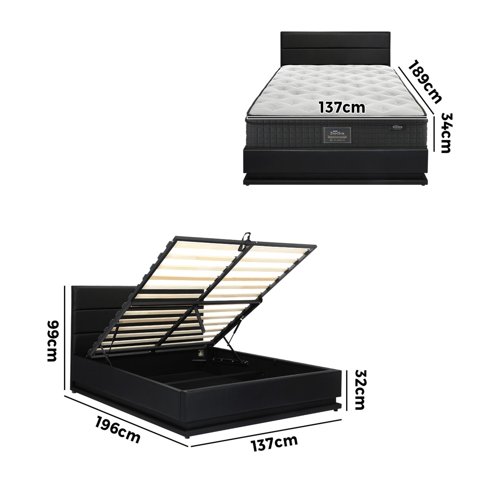 Oikiture Bed Frame Double Size LED with Gas Lift Storage Mattress Set Black LAYZ - Sunyee