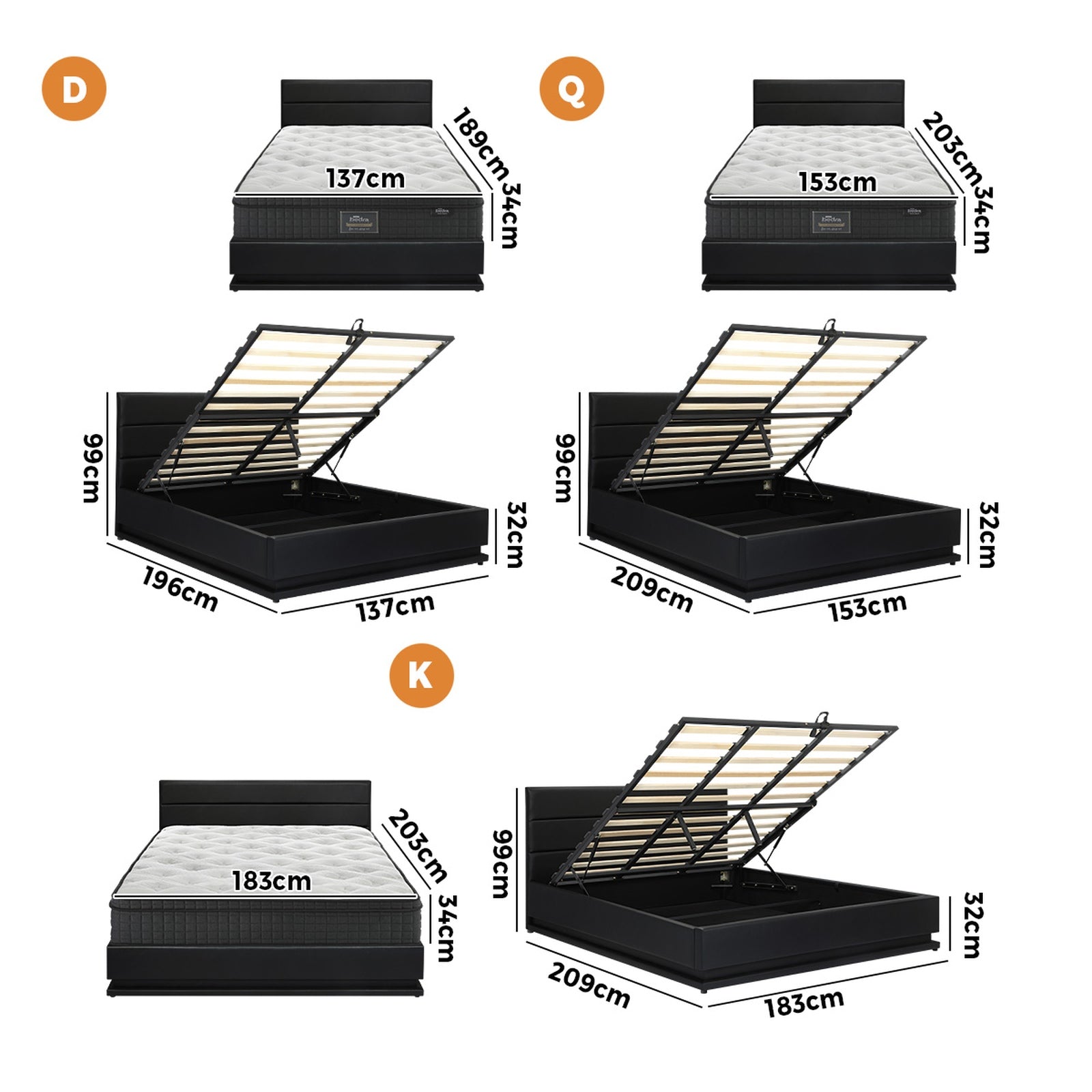 Oikiture Bed Frame Queen Double King Size LED with Gas Lift Storage Mattress Set - Sunyee