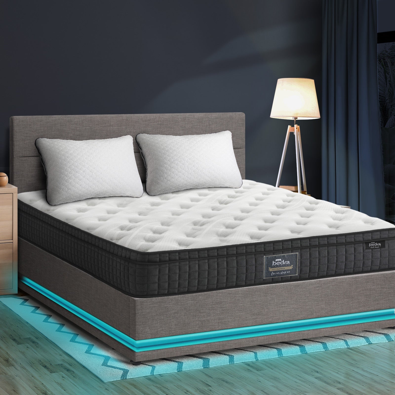 Oikiture Bed Frame Queen Double Size LED with Gas Lift Mattress Set Grey - Sunyee