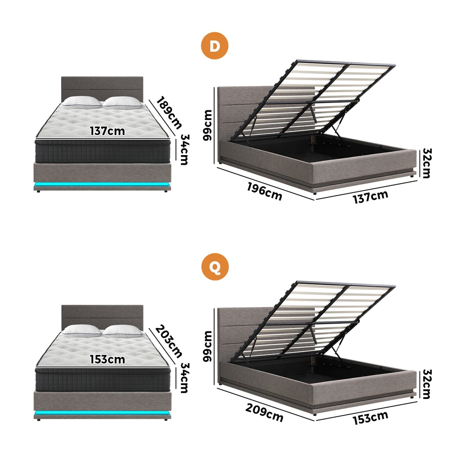 Oikiture Bed Frame Queen Double Size LED with Gas Lift Mattress Set Grey - Sunyee
