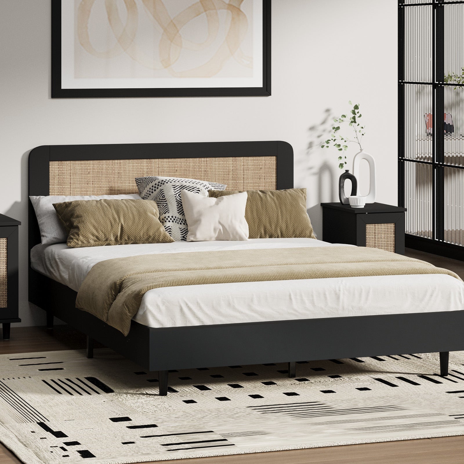 Oikiture Bed Frame Double Size Beds Real Rattan Headboard Black - Sunyee