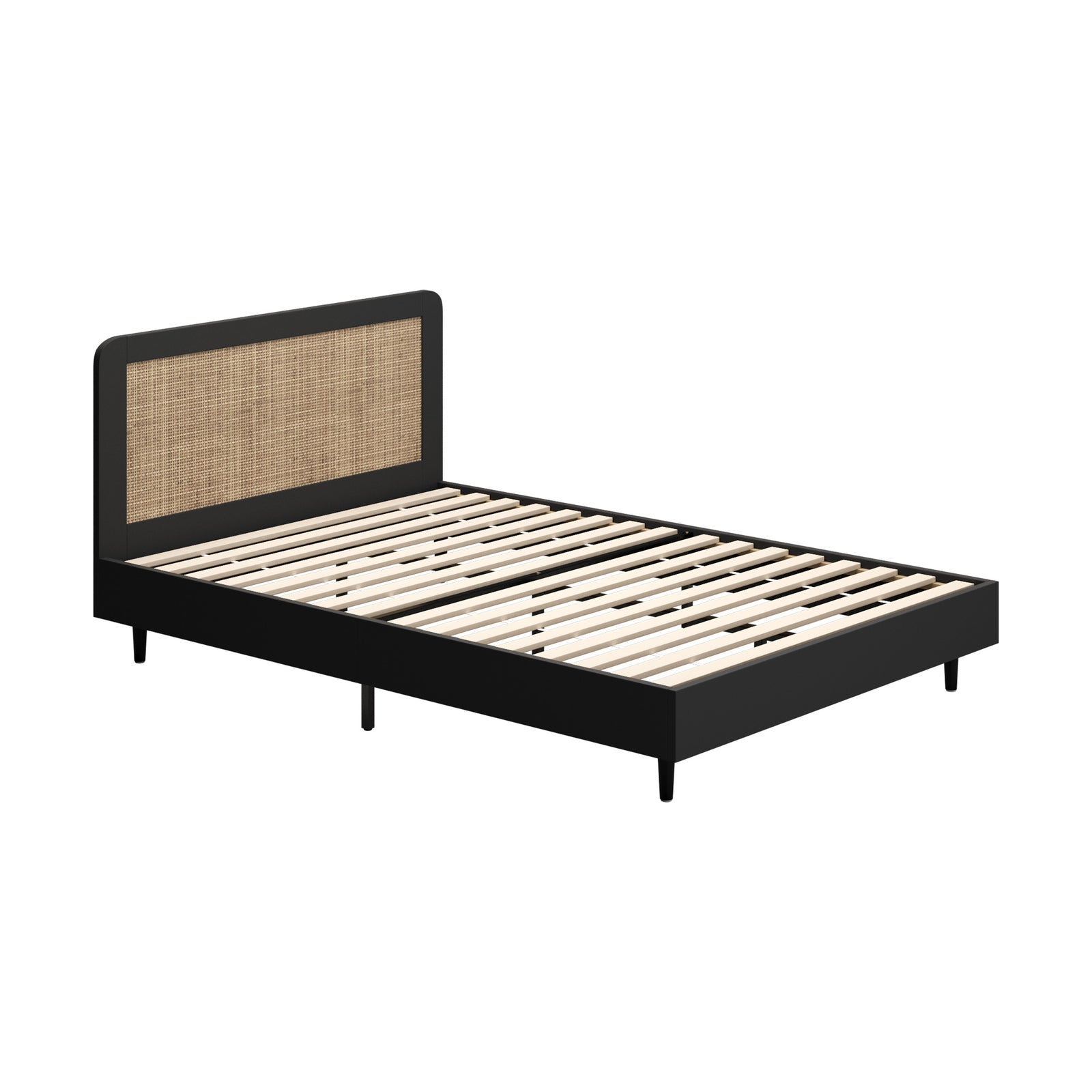 Oikiture Bed Frame Double Size Beds Real Rattan Headboard Black - Sunyee