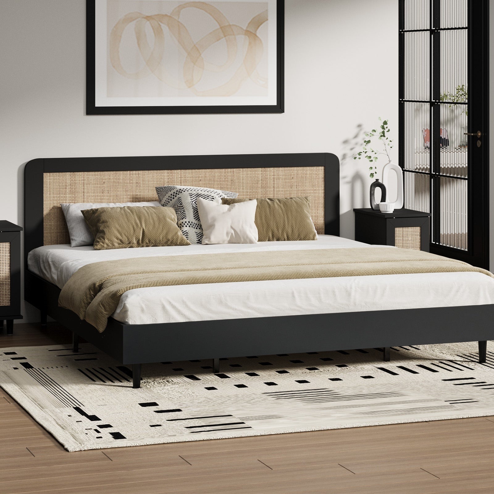 Oikiture Bed Frame King Size Beds Real Rattan Headboard Black - Sunyee