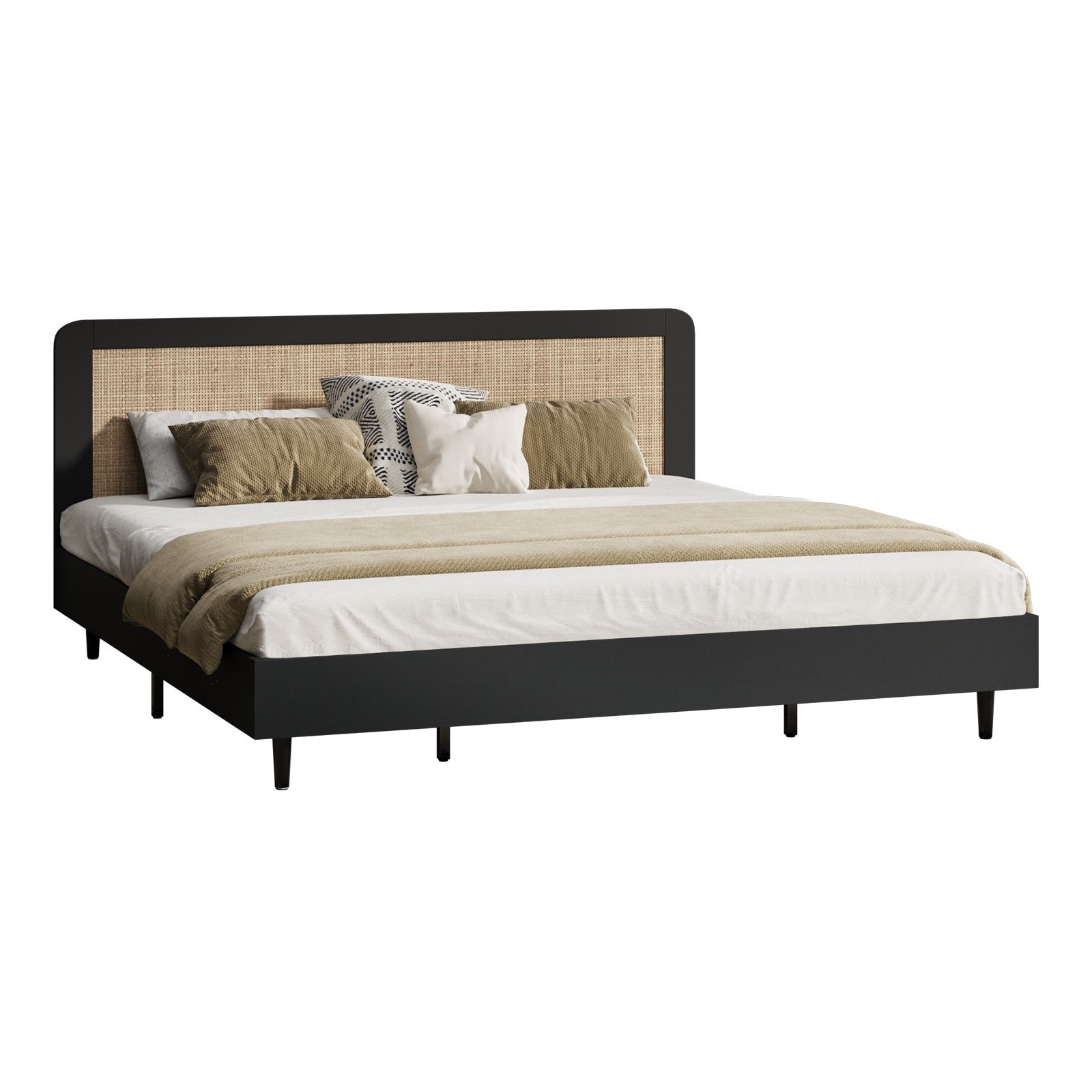 Oikiture Bed Frame King Size Beds Real Rattan Headboard Black - Sunyee