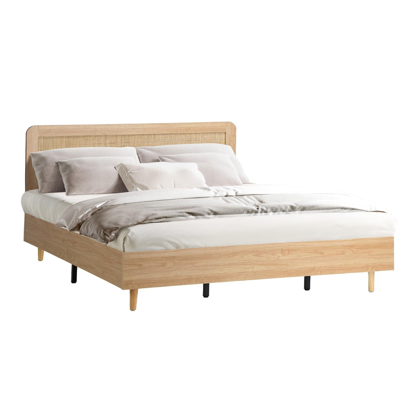 Oikiture Bed Frame King Size Wooden Bed Frame Rattan Headboard - Sunyee