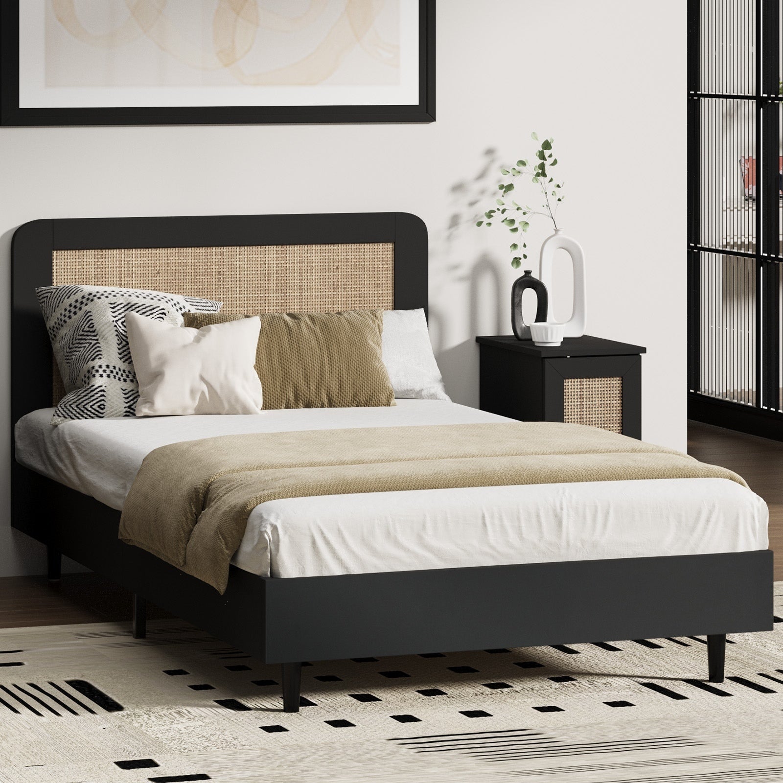 Oikiture Bed Frame King Single Size Beds Real Rattan Headboard Black - Sunyee