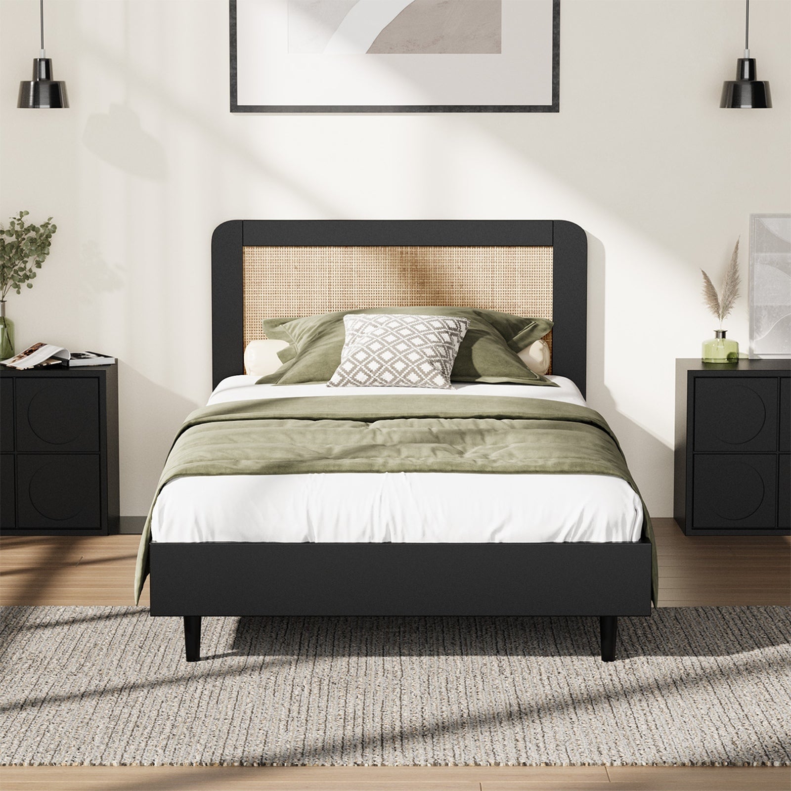 Oikiture Bed Frame King Single Size Beds Real Rattan Headboard Black - Sunyee