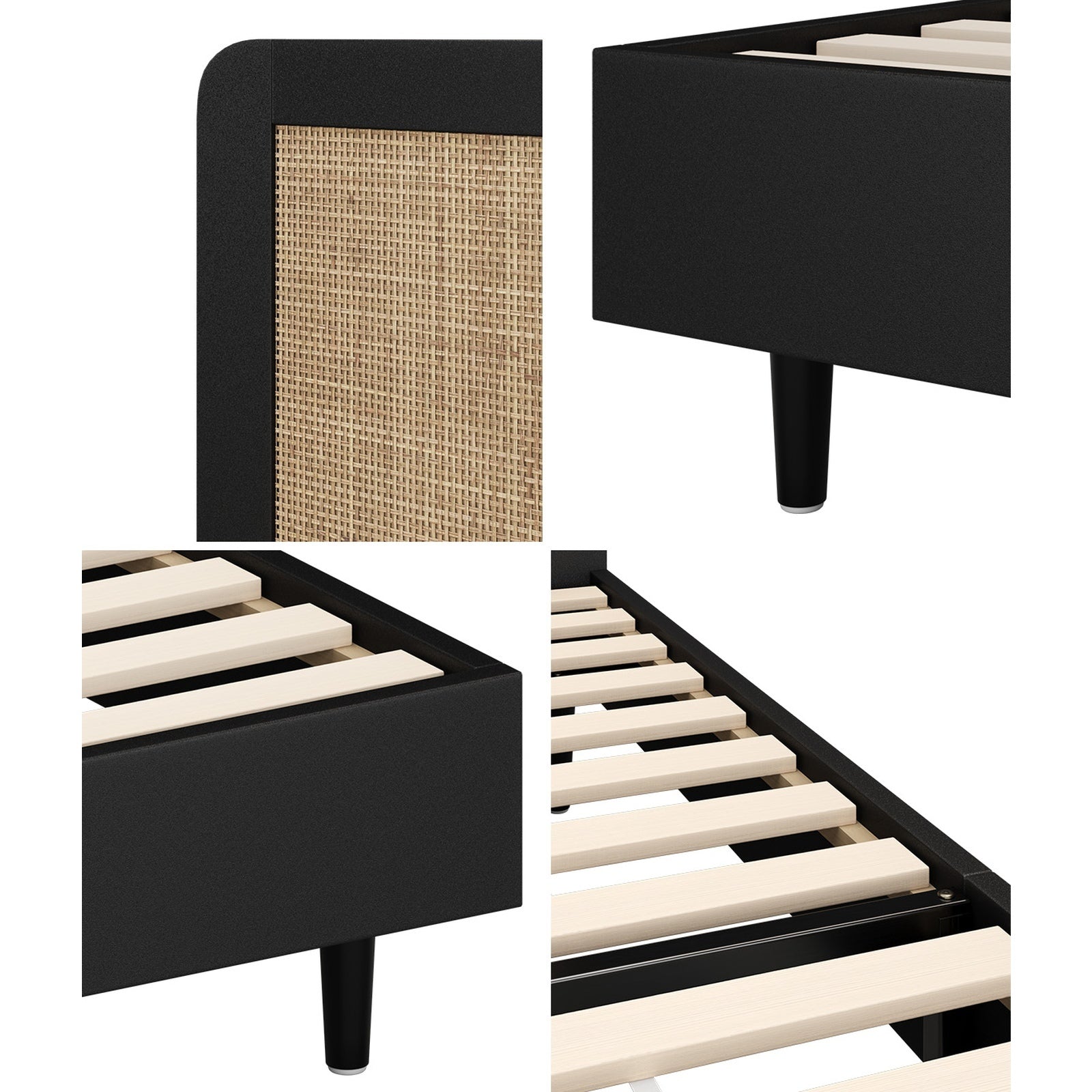 Oikiture Bed Frame King Single Size Beds Real Rattan Headboard Black - Sunyee