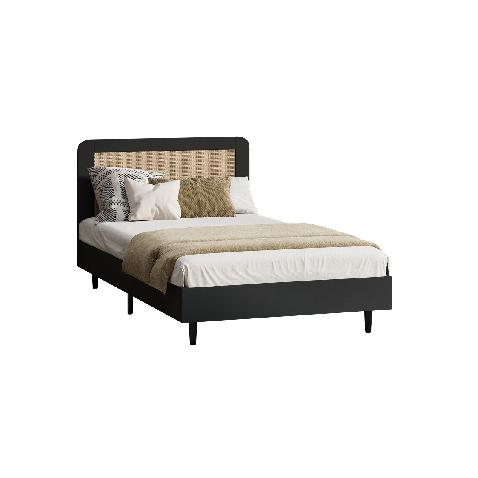 Oikiture Bed Frame King Single Size Beds Real Rattan Headboard Black - Sunyee