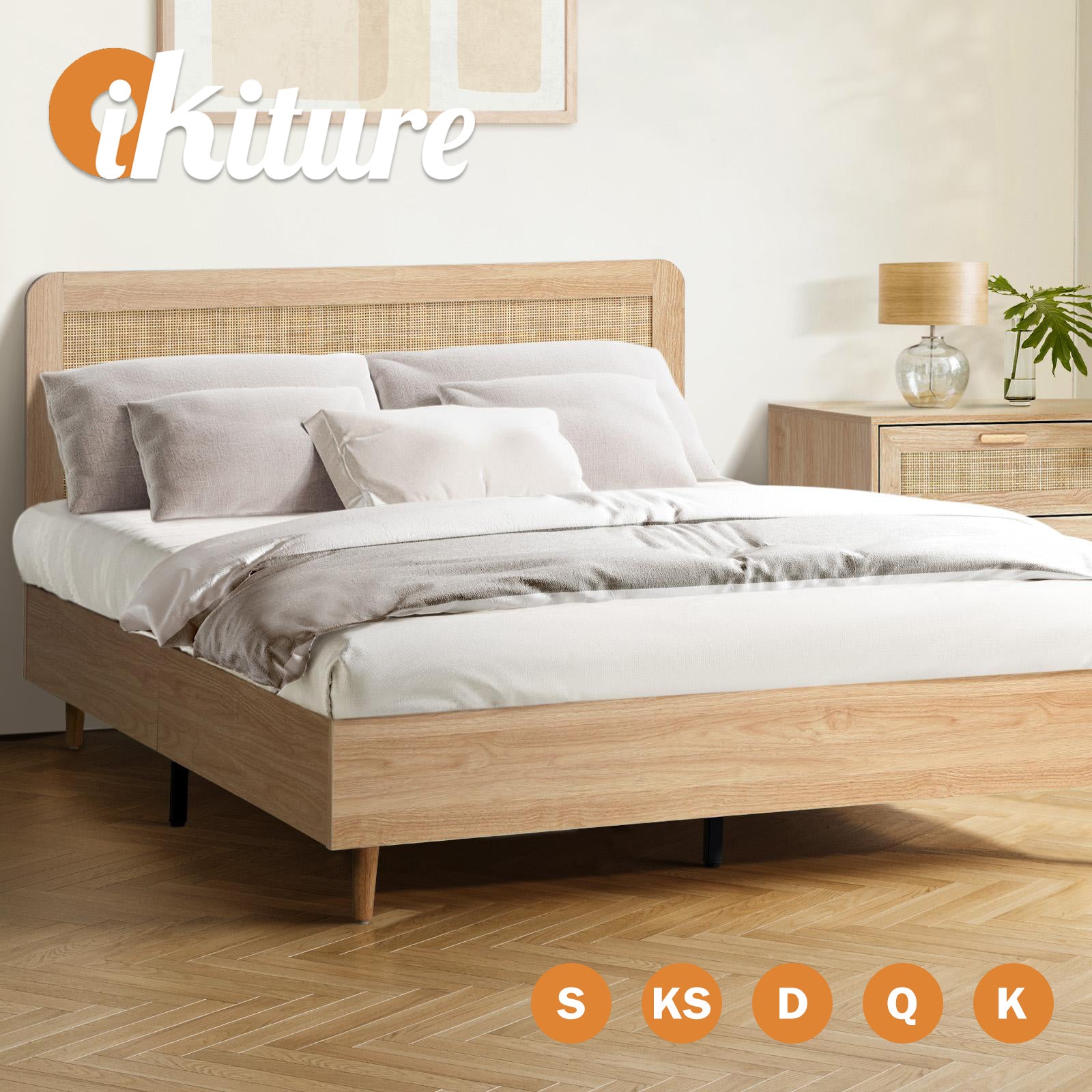 Oikiture Bed Frame Queen Double King Single Size Wooden Bed Rattan Headboard - Sunyee