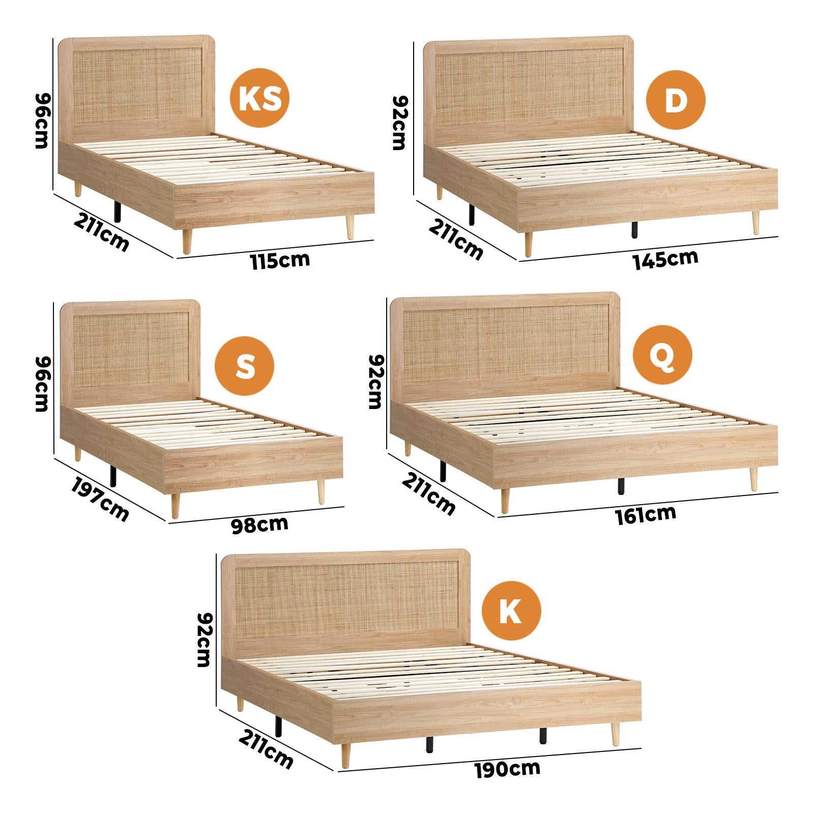 Oikiture Bed Frame Queen Double King Single Size Wooden Bed Rattan Headboard - Sunyee