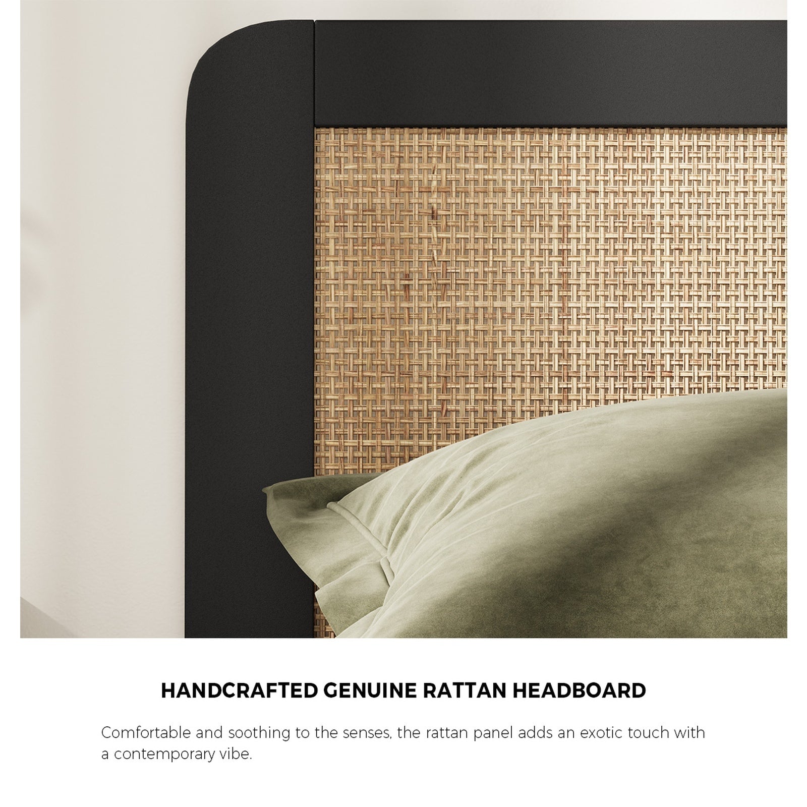 Oikiture Bed Frame Single Size Beds Real Rattan Headboard Black - Sunyee