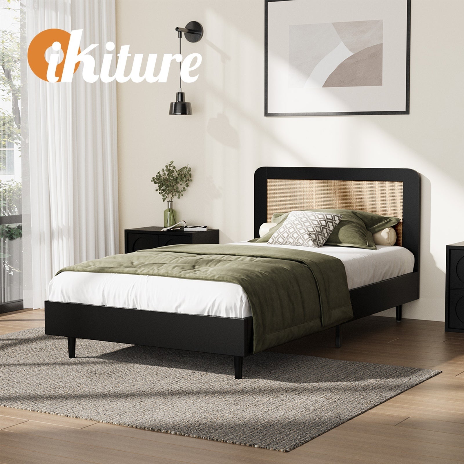 Oikiture Bed Frame Single Size Beds Real Rattan Headboard Black - Sunyee