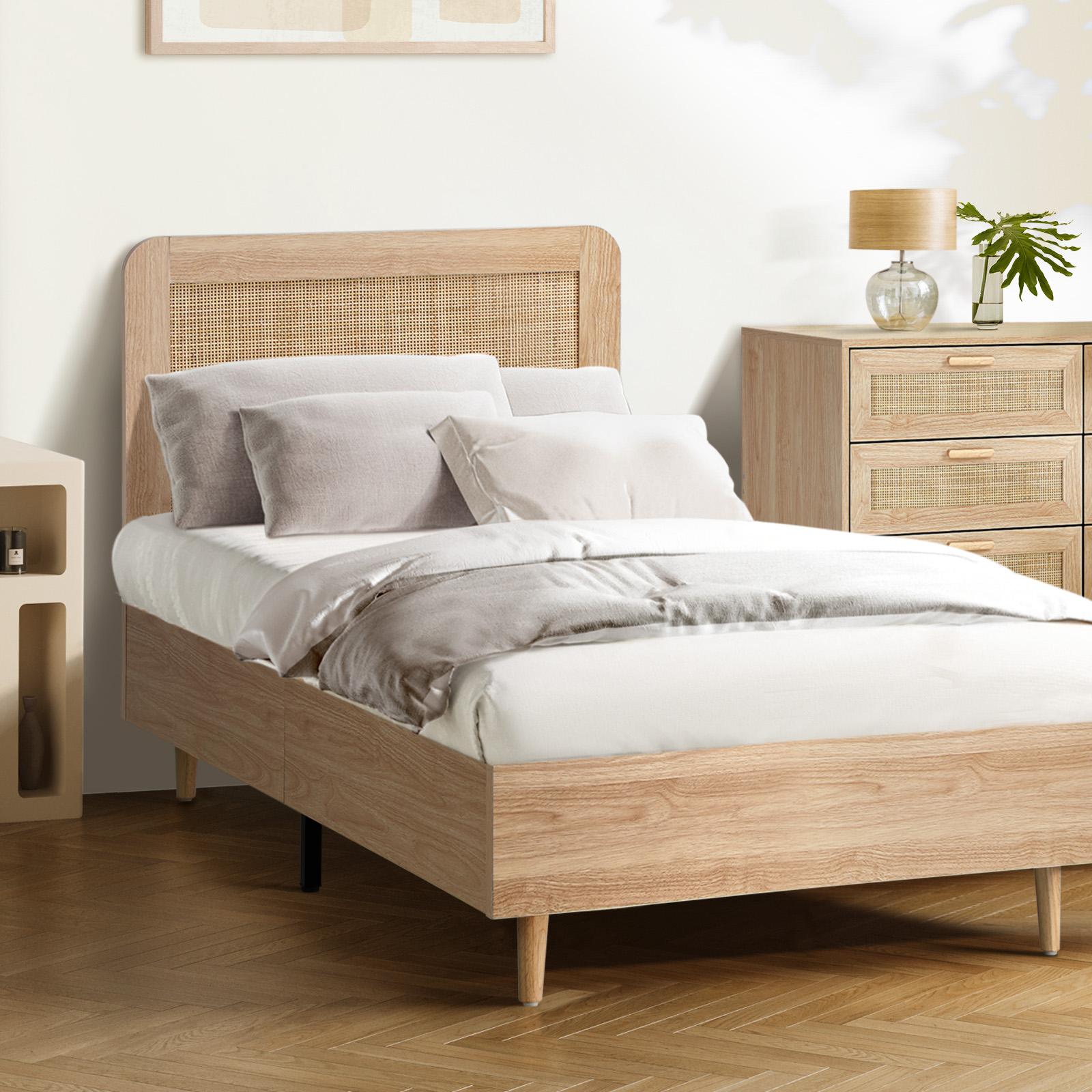 Oikiture Bed Frame Single Size Wooden Bed Frame Rattan Headboard - Sunyee