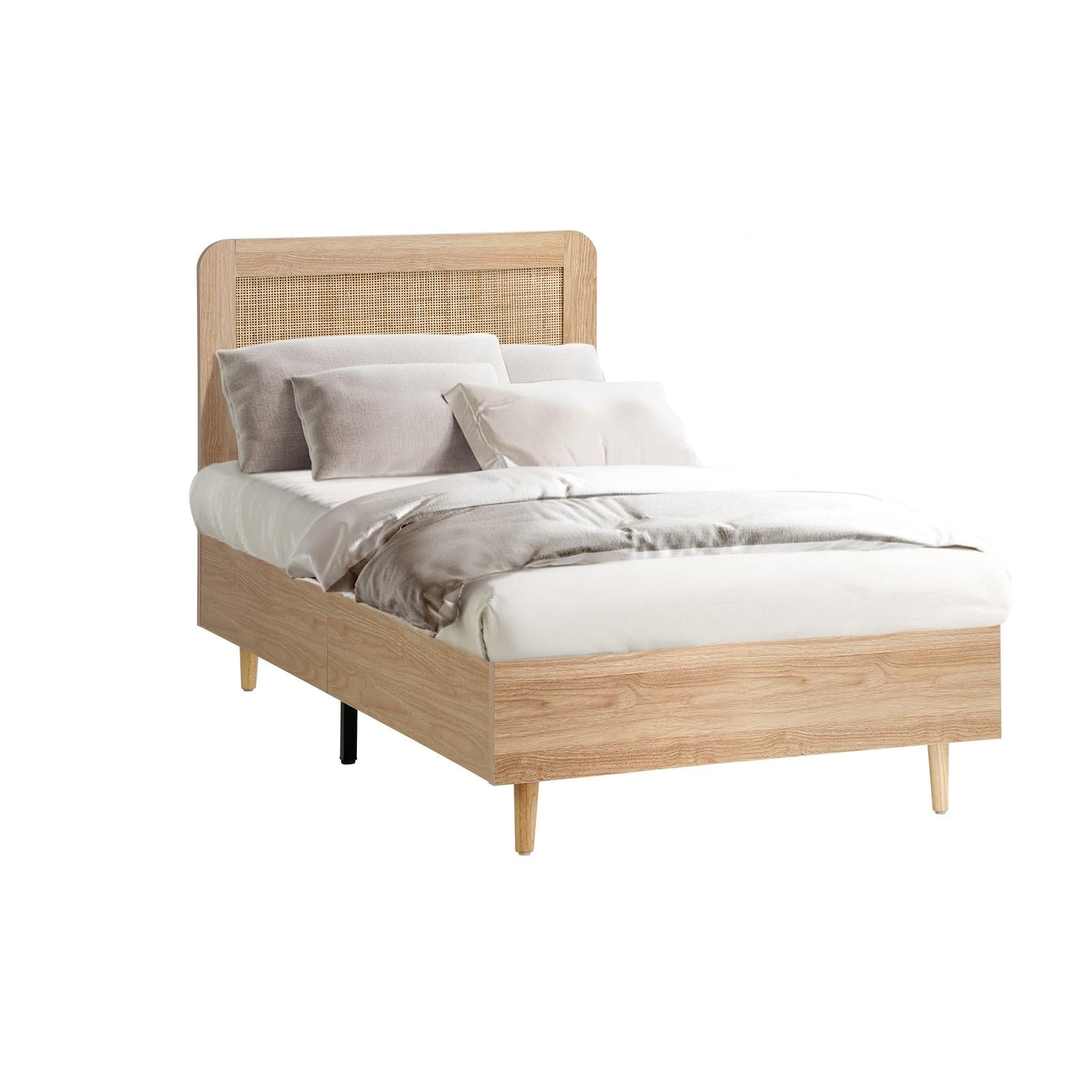 Oikiture Bed Frame Single Size Wooden Bed Frame Rattan Headboard - Sunyee