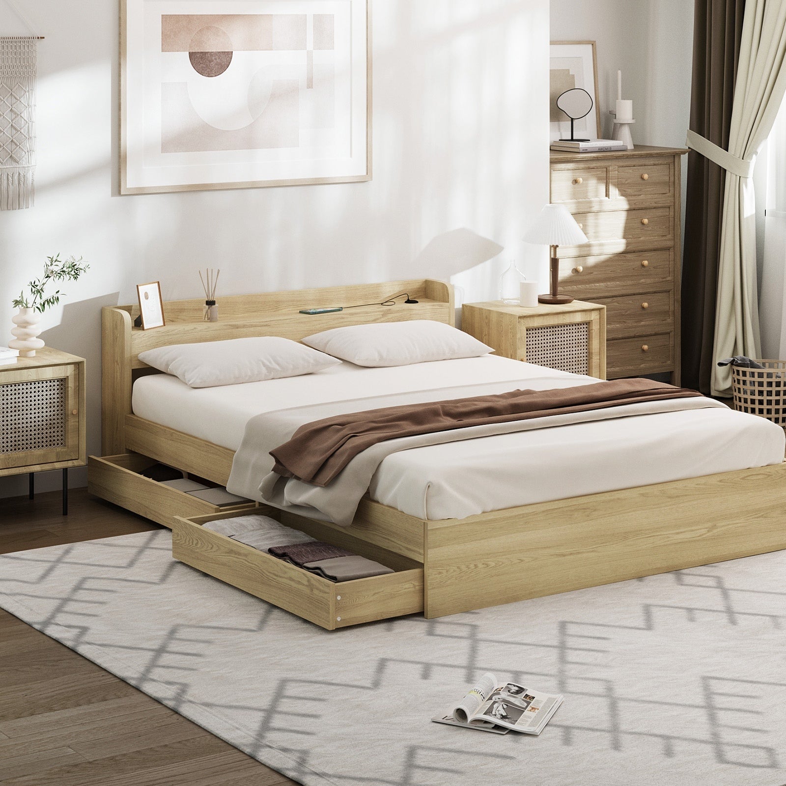 Oikiture Bed Frame Queen Double King Single Size with Charging Ports 2 Drawers - Sunyee