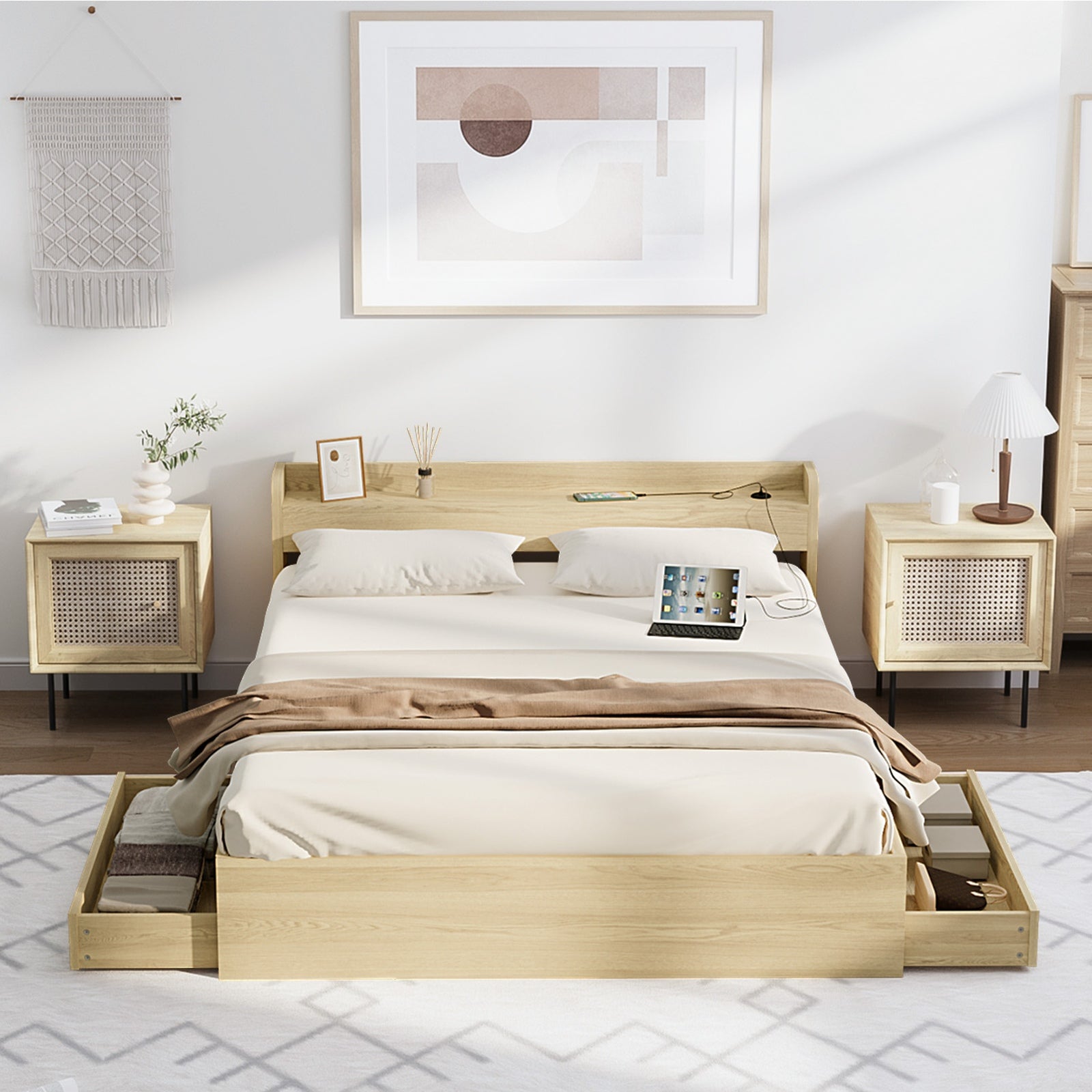 Oikiture Wooden Bed Frame Double Size with Charging Ports & 2 Drawers - Sunyee