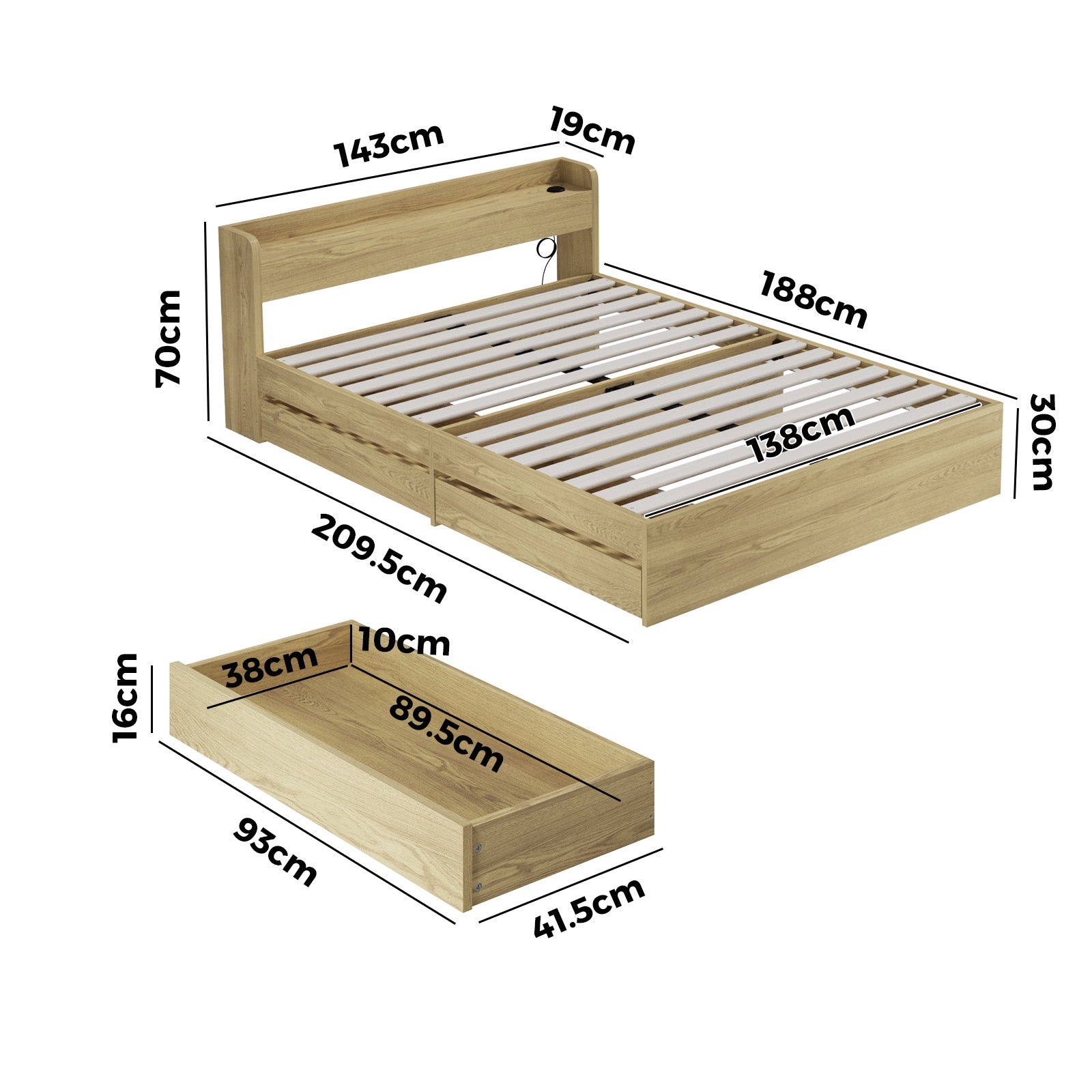 Oikiture Wooden Bed Frame Double Size with Charging Ports & 2 Drawers - Sunyee