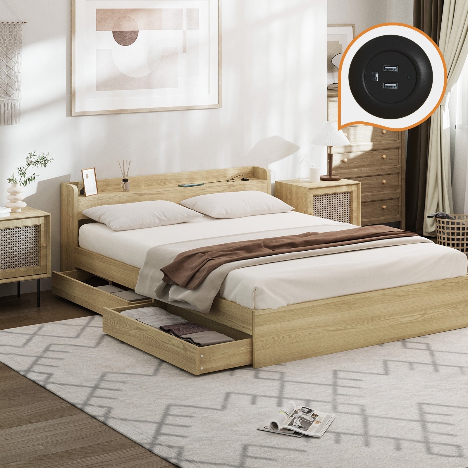 Oikiture Wooden Bed Frame Double Size with Charging Ports & 2 Drawers - Sunyee