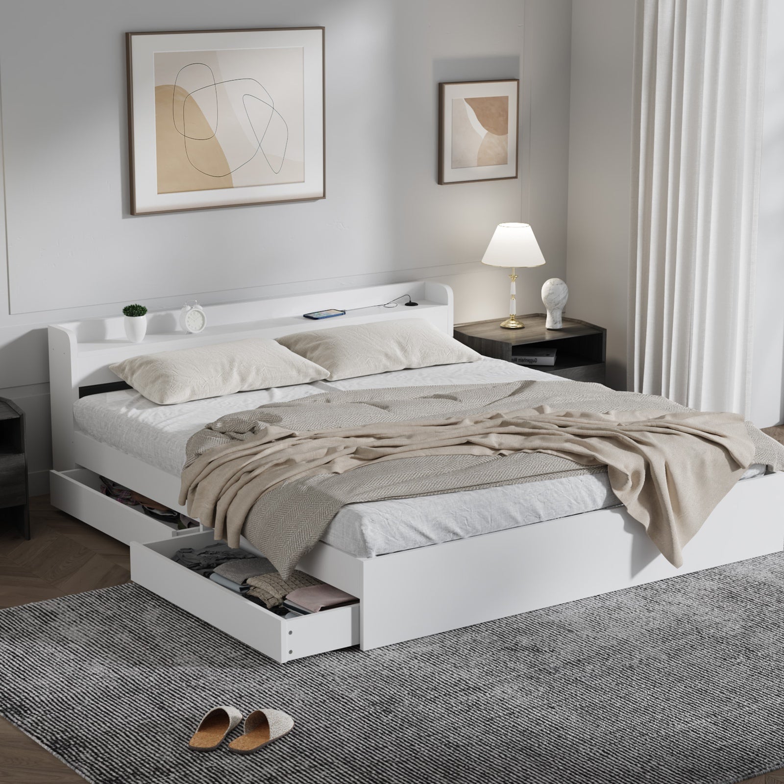 Oikiture Wooden Bed Frame King Size with Charging Ports & 2 Drawers-White - Sunyee