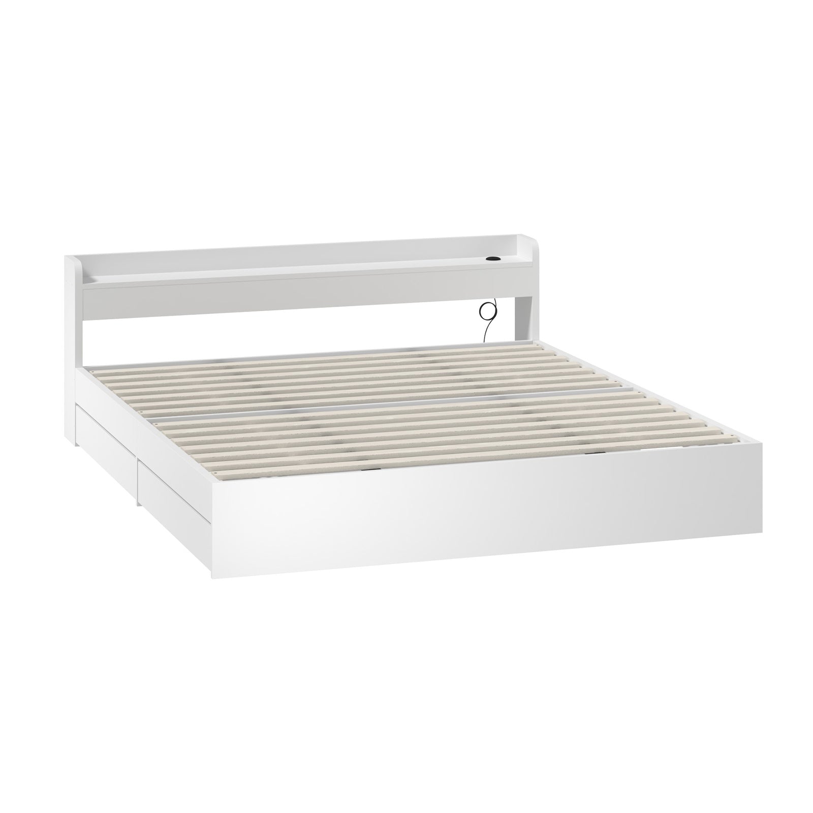 Oikiture Wooden Bed Frame King Size with Charging Ports & 2 Drawers-White - Sunyee