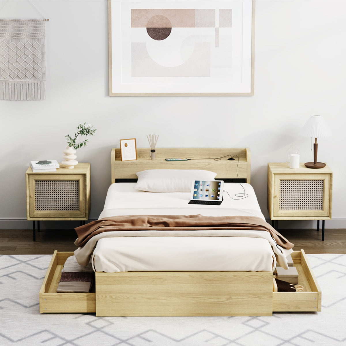 Oikiture Wooden Bed Frame King Single Size with Charging Ports & 2 Drawers - Sunyee