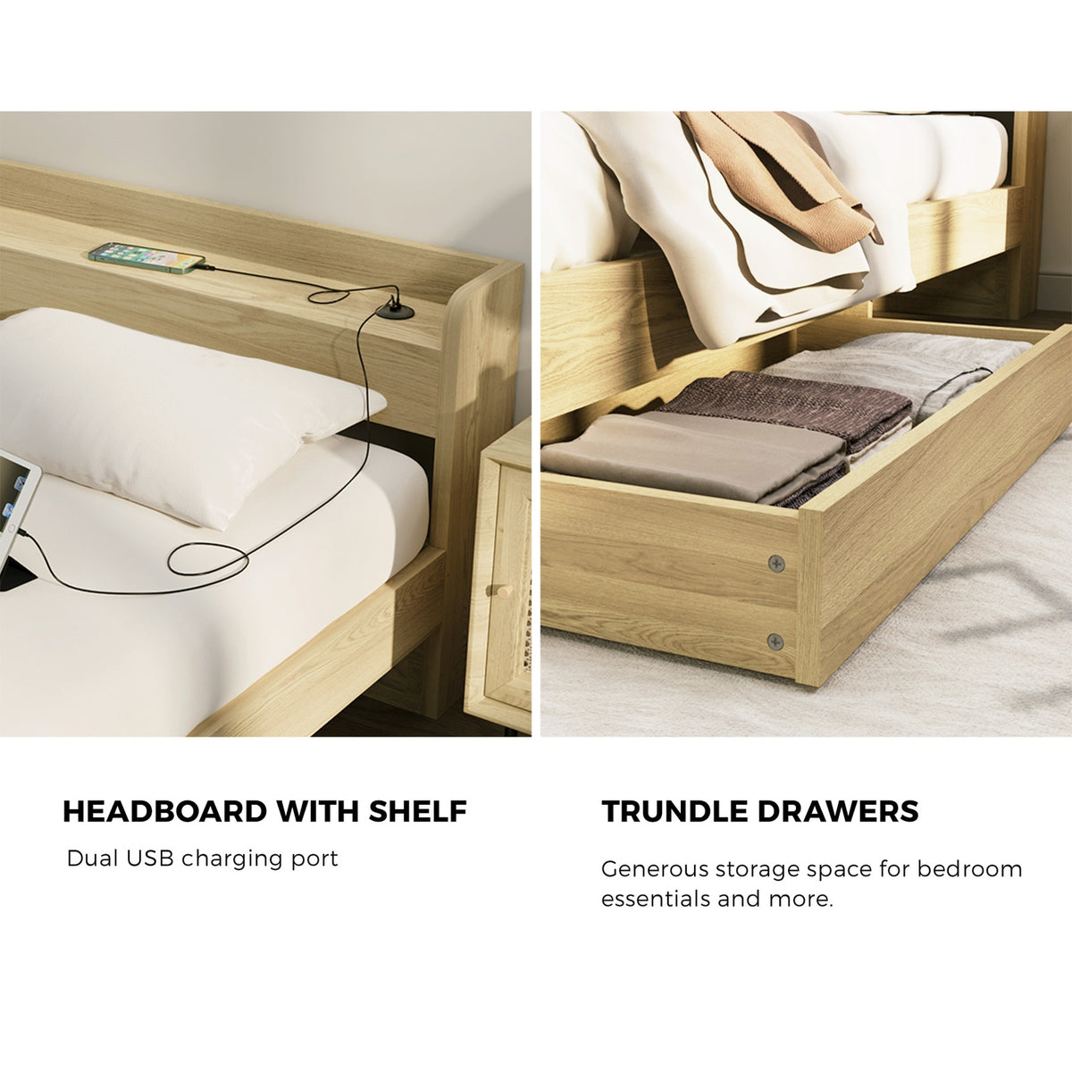 Oikiture Wooden Bed Frame King Single Size with Charging Ports & 2 Drawers - Sunyee