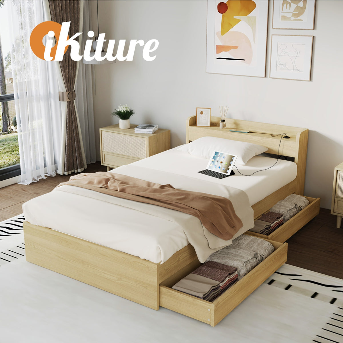 Oikiture Wooden Bed Frame King Single Size with Charging Ports & 2 Drawers - Sunyee
