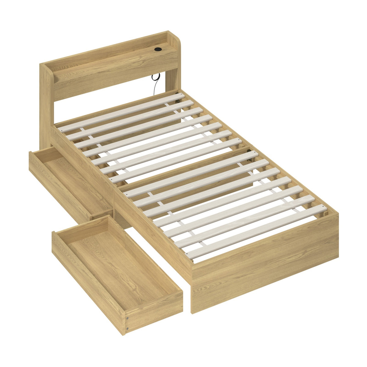 Oikiture Wooden Bed Frame King Single Size with Charging Ports & 2 Drawers - Sunyee