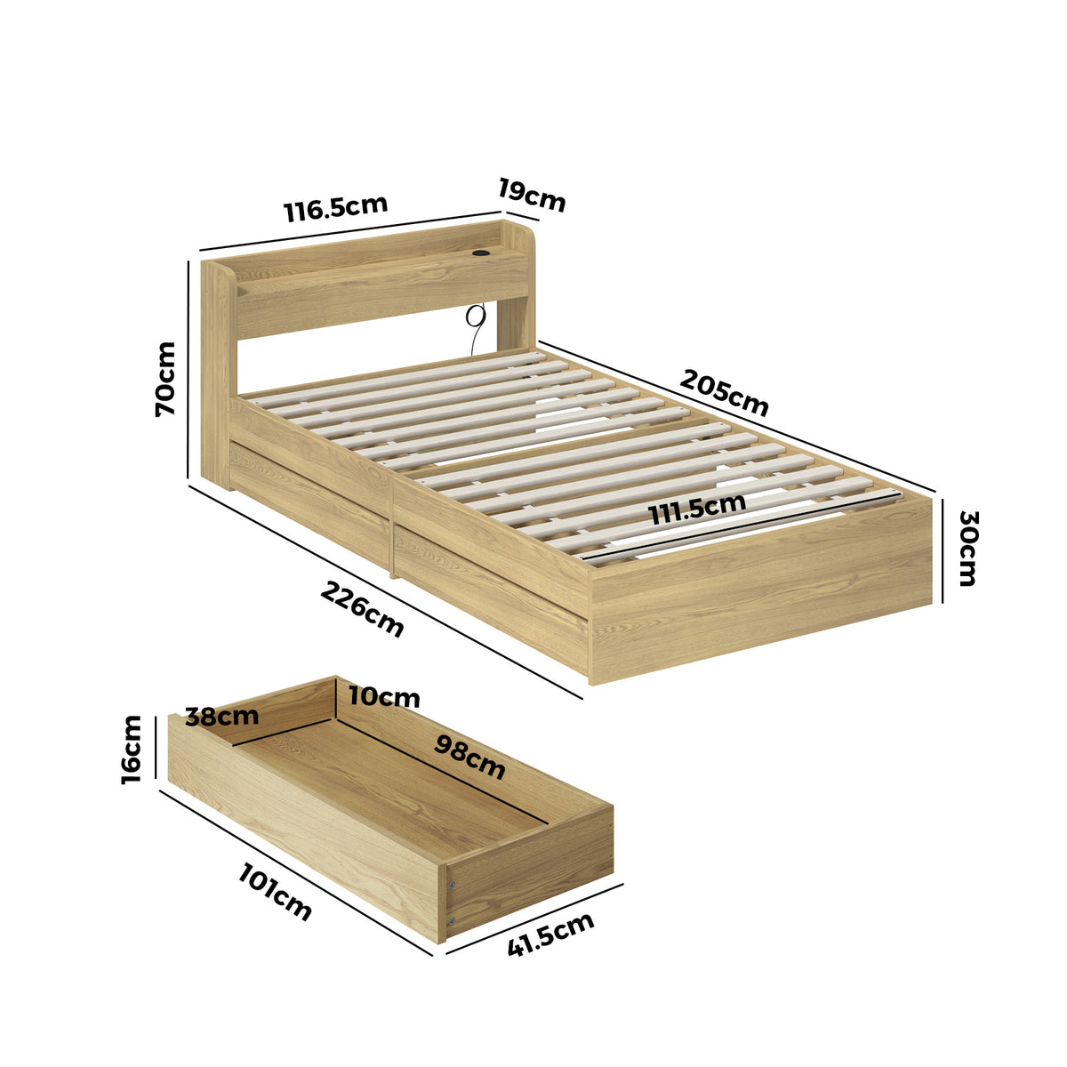 Oikiture Wooden Bed Frame King Single Size with Charging Ports & 2 Drawers - Sunyee