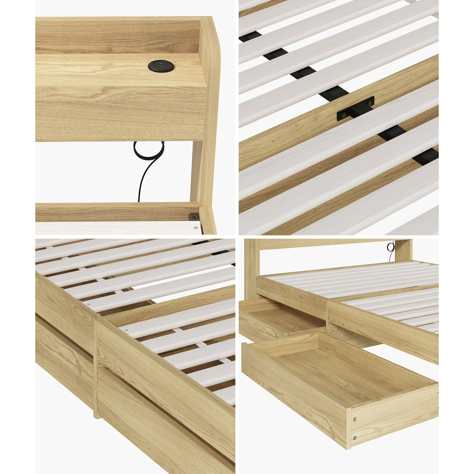 Oikiture Wooden Bed Frame Double Size with Charging Ports & 2 Drawers - Sunyee