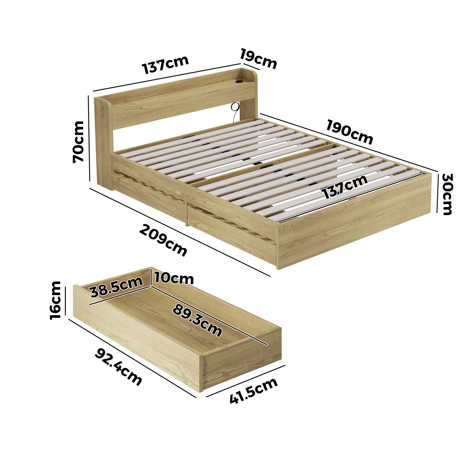 Oikiture Wooden Bed Frame Double Size with Charging Ports & 2 Drawers - Sunyee