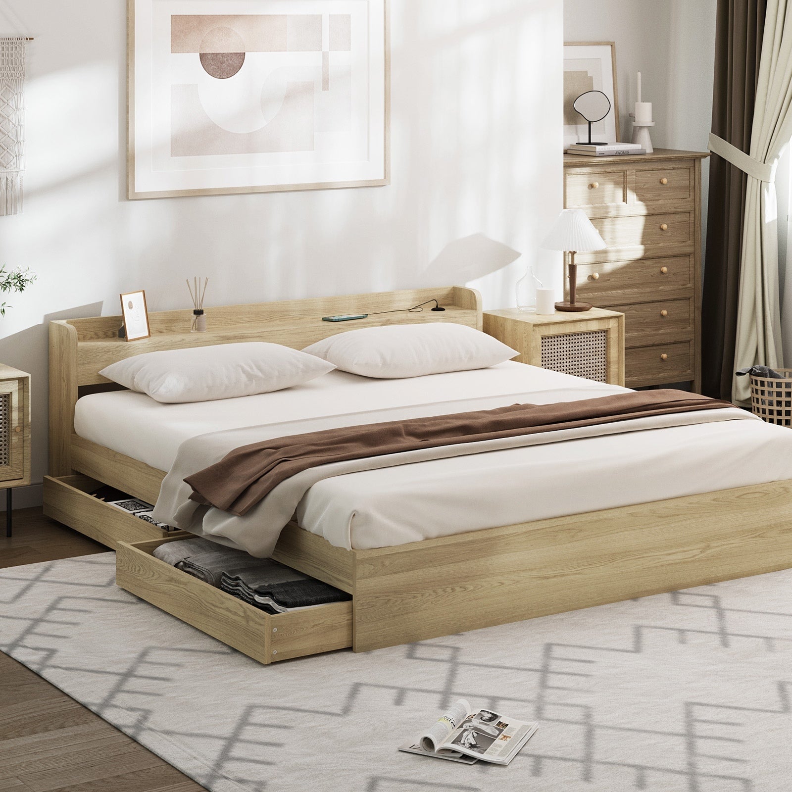 Oikiture Wooden Bed Frame King Size with Charging Ports & 2 Drawers - Sunyee