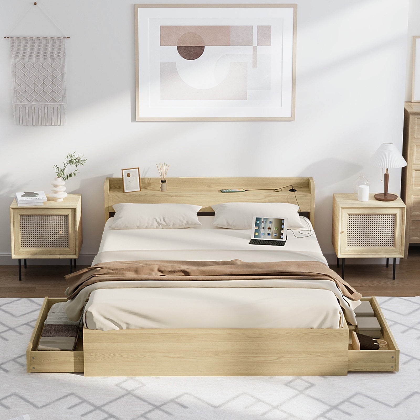 Oikiture Wooden Bed Frame King Size with Charging Ports & 2 Drawers - Sunyee