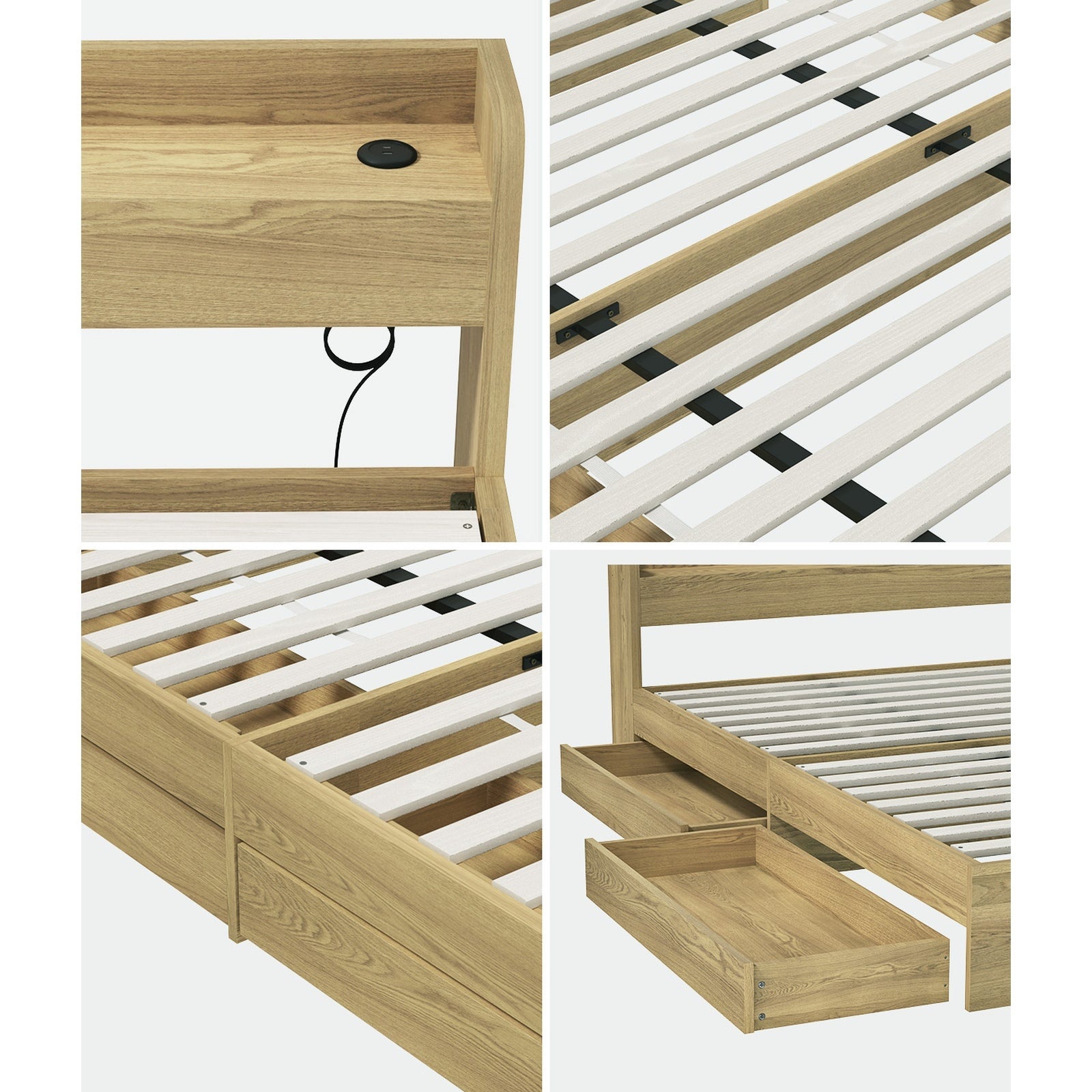 Oikiture Wooden Bed Frame King Size with Charging Ports & 2 Drawers - Sunyee