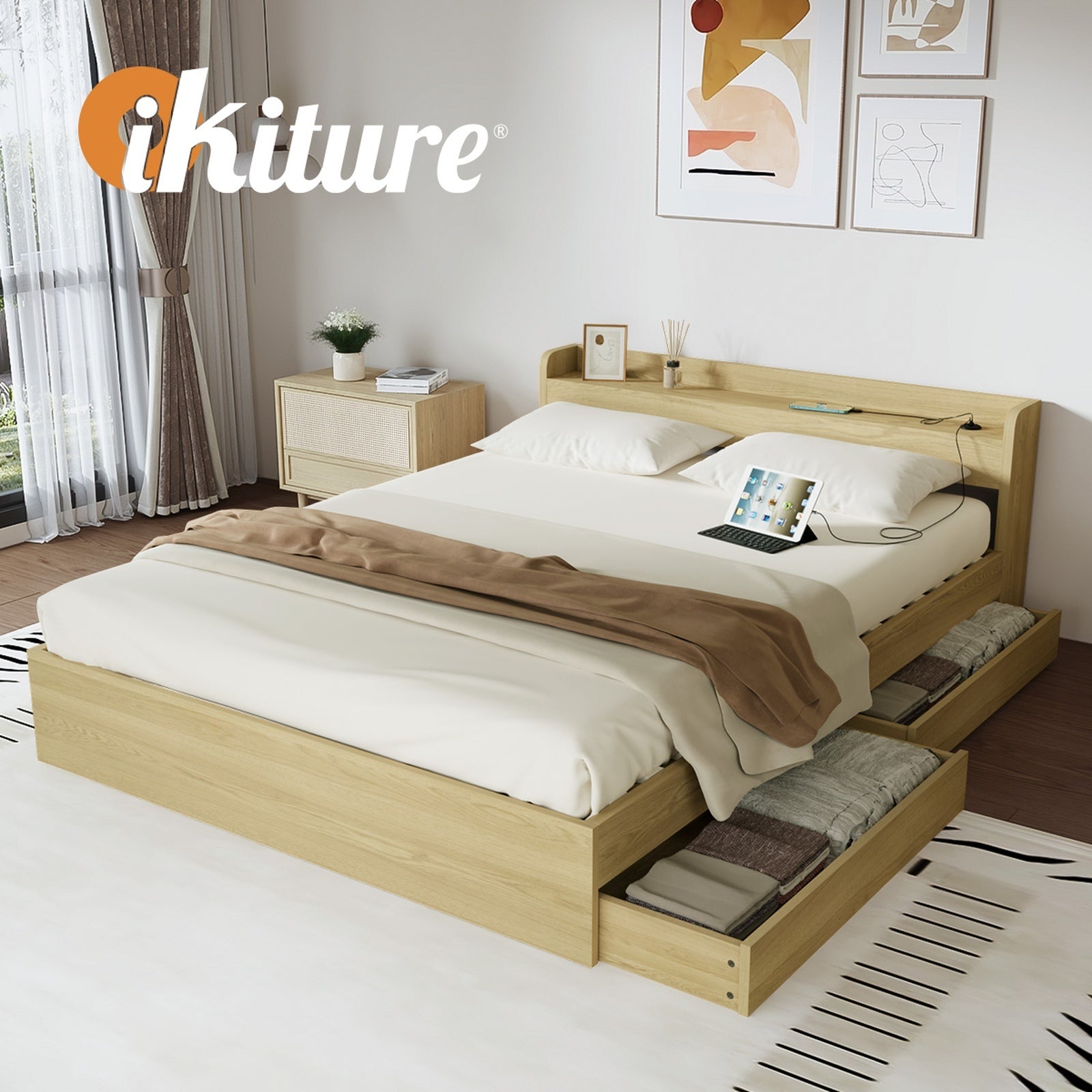 Oikiture Wooden Bed Frame King Size with Charging Ports & 2 Drawers - Sunyee