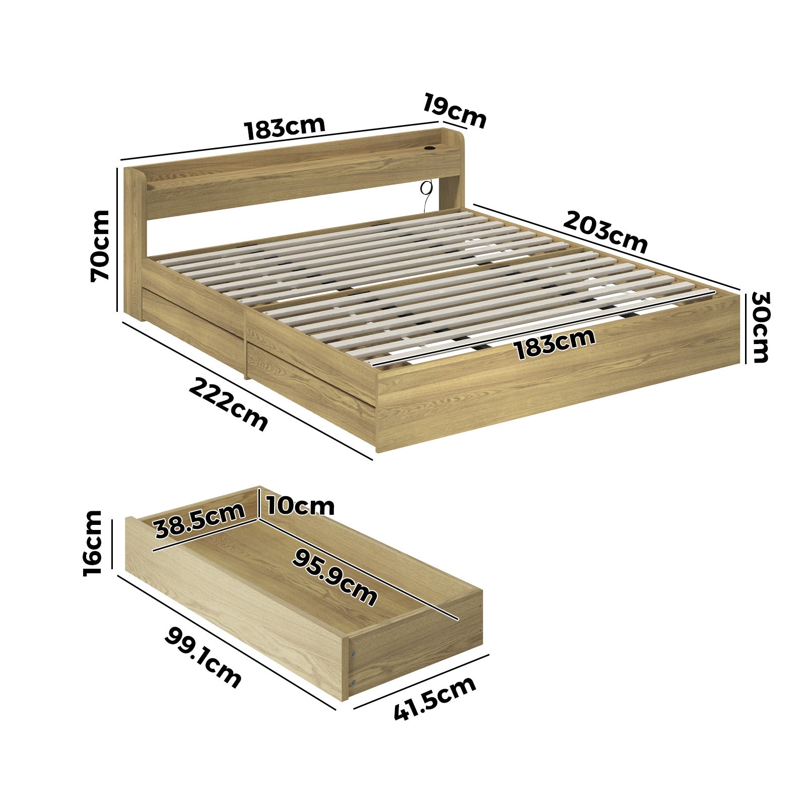 Oikiture Wooden Bed Frame King Size with Charging Ports & 2 Drawers - Sunyee