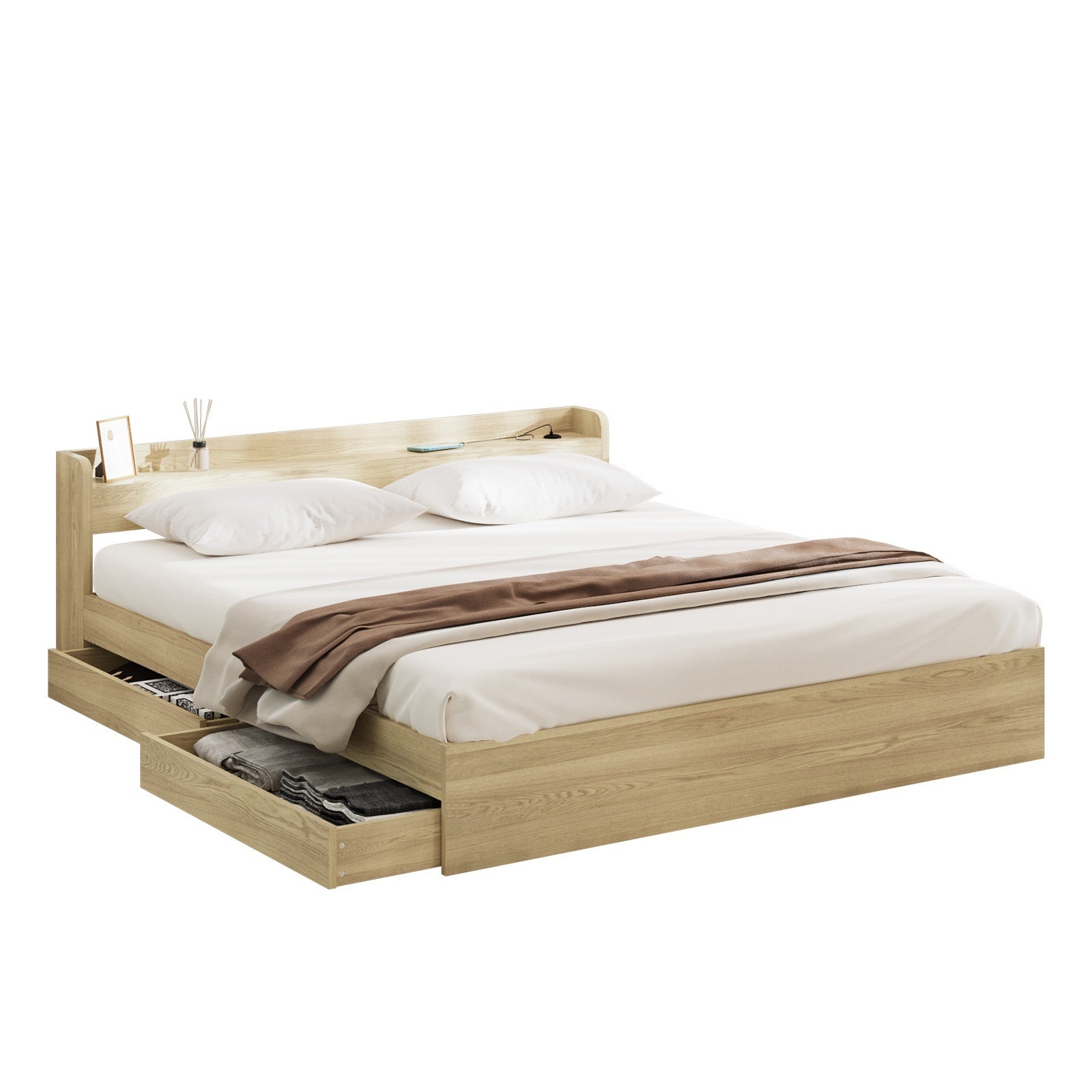 Oikiture Wooden Bed Frame King Size with Charging Ports & 2 Drawers - Sunyee