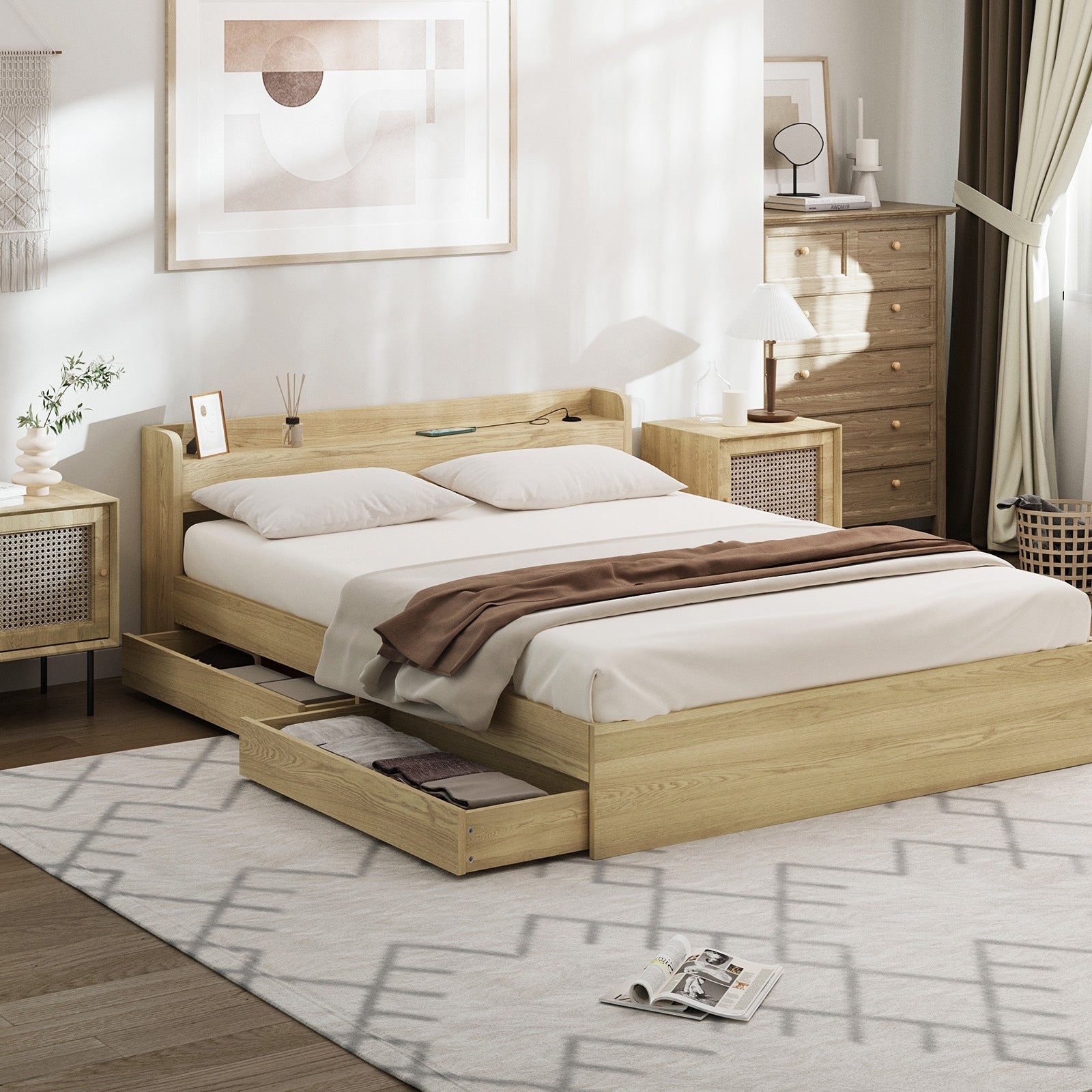 Oikiture Wooden Bed Frame Queen Size with Charging Ports & 2 Drawers - Sunyee