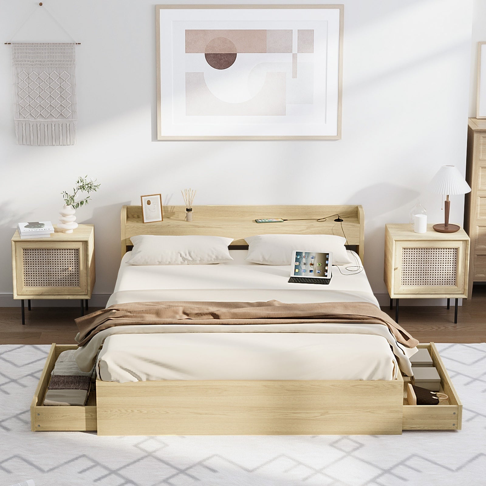 Oikiture Wooden Bed Frame Queen Size with Charging Ports & 2 Drawers - Sunyee
