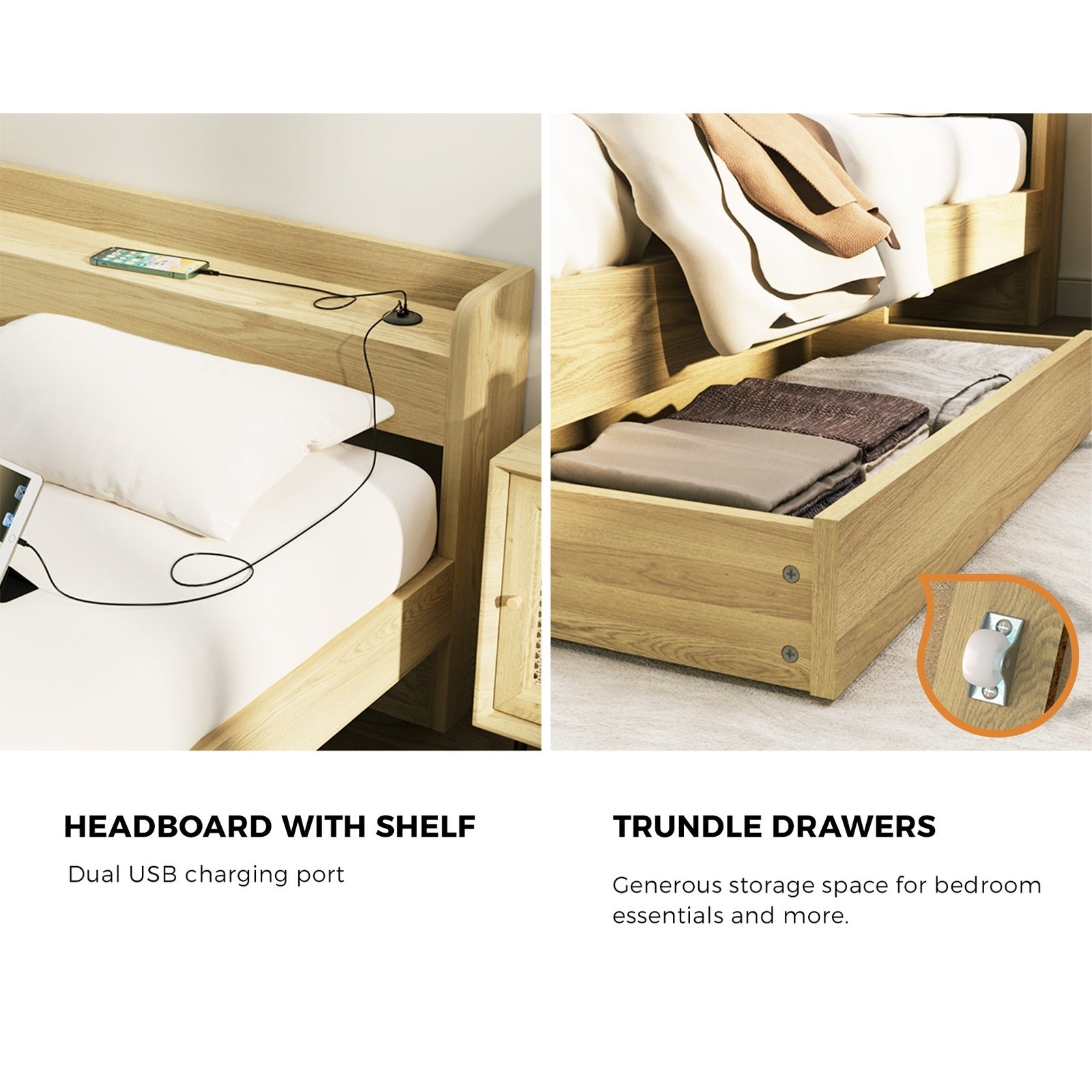 Oikiture Wooden Bed Frame Queen Size with Charging Ports & 2 Drawers - Sunyee