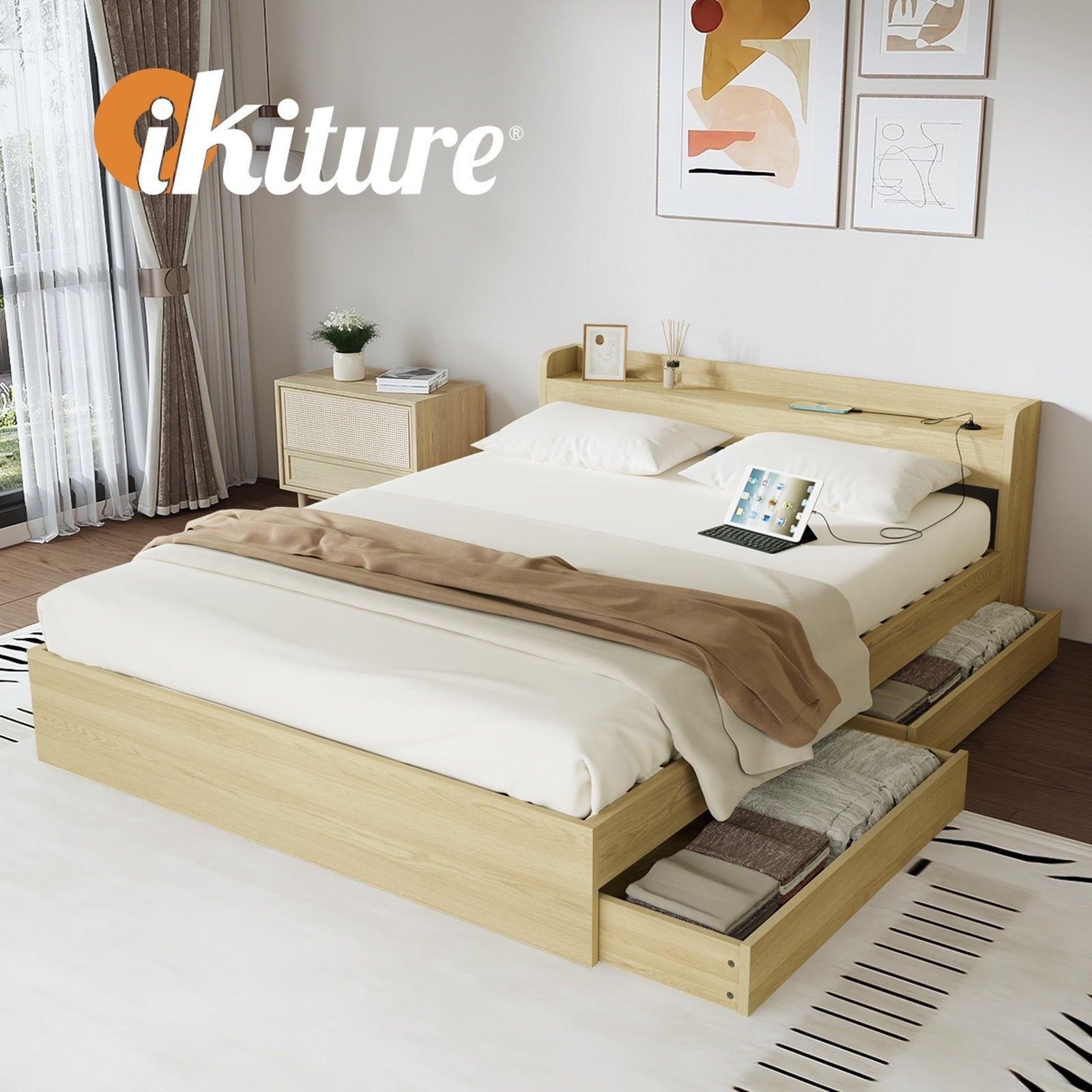 Oikiture Wooden Bed Frame Queen Size with Charging Ports & 2 Drawers - Sunyee