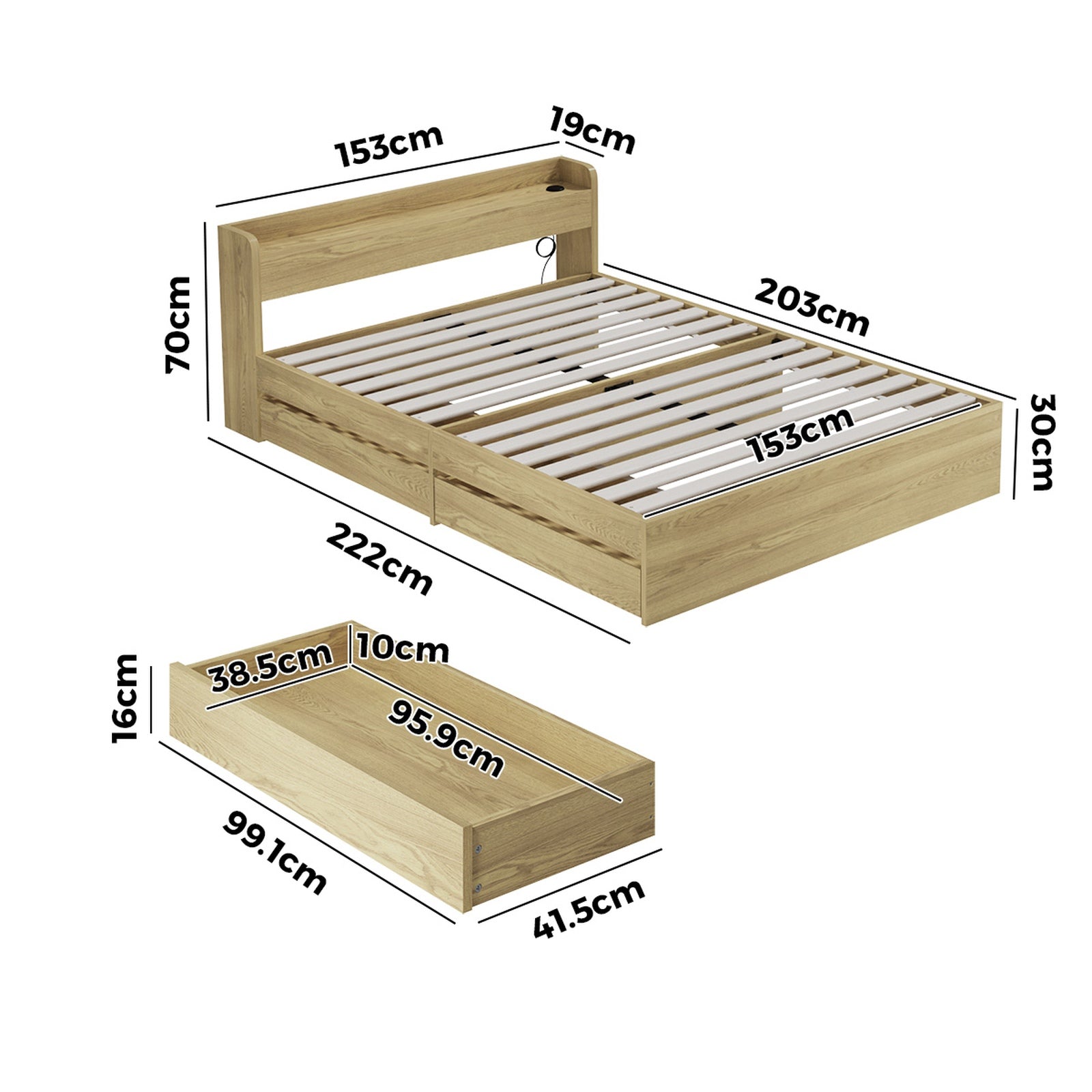 Oikiture Wooden Bed Frame Queen Size with Charging Ports & 2 Drawers - Sunyee
