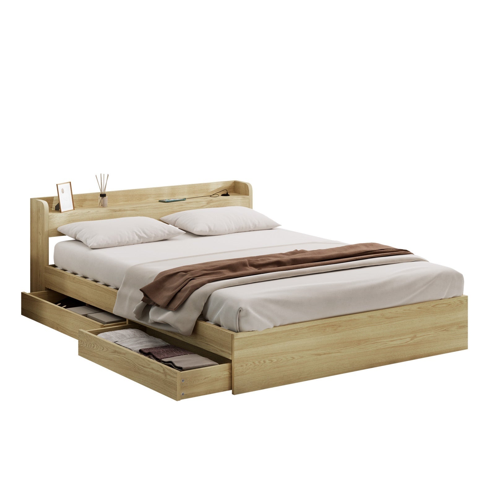 Oikiture Wooden Bed Frame Queen Size with Charging Ports & 2 Drawers - Sunyee