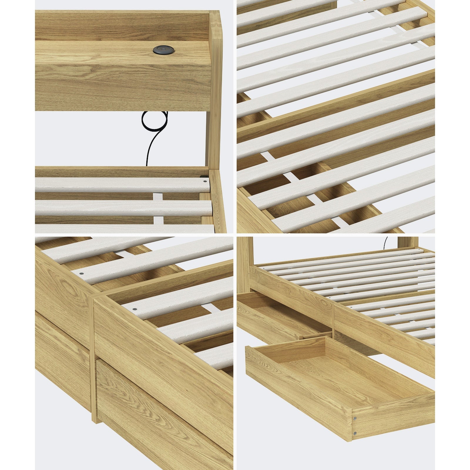 Oikiture Wooden Bed Frame Single Size with Charging Ports & 2 Drawers - Sunyee