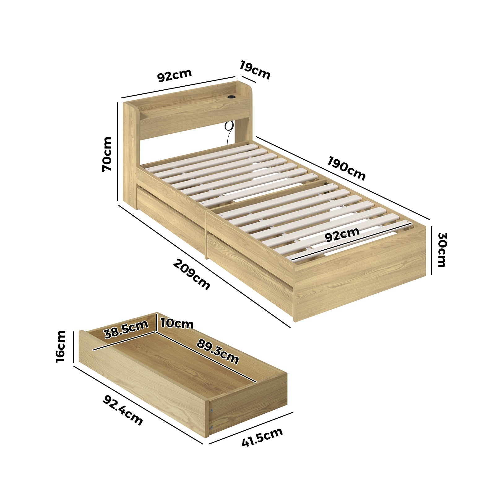 Oikiture Wooden Bed Frame Single Size with Charging Ports & 2 Drawers - Sunyee